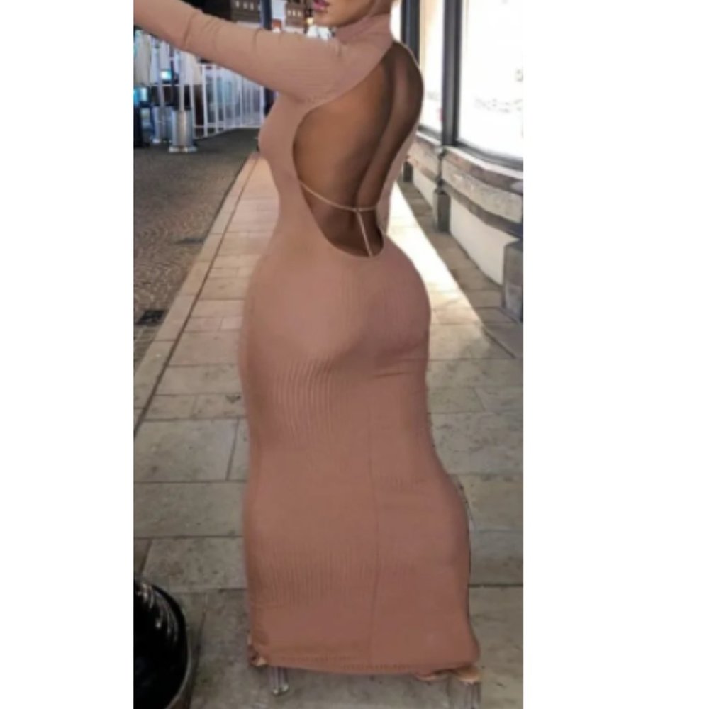 NWT Brown Long Sleeves Mock Neckline Bodycon Fitted Open Back Maxi Dress